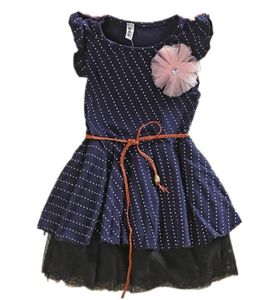 Girls Dresses New Fashion Top Quality Dark Blue sleeveless Dots Stripe Flower Kids Girl Dress with Belt summer4444907