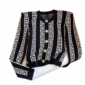 Jacquard Ctrast Color Knit Cardigan Women Sweater Autumn Winter LG Sleeve Metal Butts Short Knitwear Vintage Fi Tops C9x0#