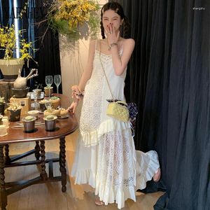 Casual Dresses Vintage Lace Midi Dress Women Princess Chic Hollow Out Holiday Beach Ruffles French Sleeveless Loose Slip Party Summer