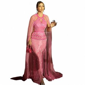 Shar powiedział luksusowy syrena Dubai Pink Evening Dres z Cape Sleeves 2024 Arabski Women Wesder Guest Formal Party Suknie SS361 B3XK#