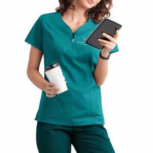 Krankenhaus Arbeitsuniform Bluse Hemd Reißverschluss V-Ausschnitt Kurzarm Krankenpflege Uniform Krankenpflege Tops Frauen Klinik Scrubs Pullover w6qE #