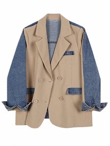 DEAT KVINNA BLAZER NECKED COLLAR PATCHWORK Denim LG Sleeve Khaki LG Sleeve Suit Coat 2024 Summer New Fi 29L1530 J7YS#
