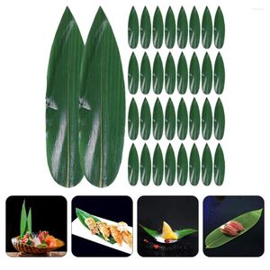 Yemeksiz setler 100 PCS suşi bambu yaprakları tepsi yeşil yemek dekor sashimi yapay yaprak tabak dekorasyonlar bebek kiti