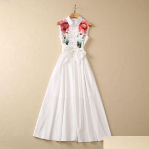 Vestidos casuais básicos 2023 branco floral impressão cinto vestido sem mangas lapela pescoço painéis midi s3w030427 gota entrega vestuário mulheres c otowg