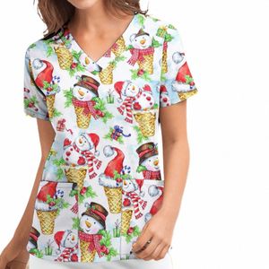 FI Chiristmas Womens Short Sleeve V-Neck Working Scrubs Topps Carto Santa Nurse Uniform T-shirts Workwear Blue A40 H84V#