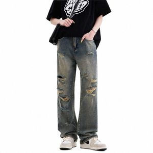 pantaloni cargo a gamba larga 2022 streetwear jeans larghi nuova primavera autunno jeans da uomo strappati larghi dritti marchio di abbigliamento maschile blu T3gl #