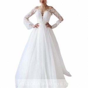 Elegancka linia ślub Dr z ramię LG Rękaw koronka Aplikacja panna młoda Dr szatą de Mariee Wedding Bride Dr Lg pociąg 114p#