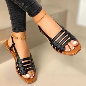 Sandaler Casual Low Heel Open Top Womens Sandaler 2024 Ny Hot Selling Summer Single Button Shoelaces PU H240328ABQE