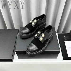 Casual Shoes Autumn Round Toe Genuine Leather Pearl Decor Loafers Med Heels Natural Cow Suede Thick Sole Retro Single