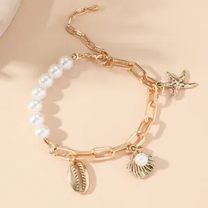 Charm Bracelets Vintage Shell Conch Starfish Pendant Bracelet For Women Bohemian Beach Imitation Pearl Chunky Chain Summer Jewelry