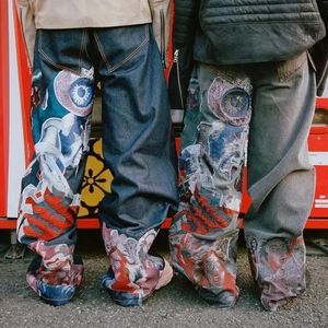 Men's Jeans Street Gothic Pattern Embroidery Straight Wide Leg Men Women Y2K Harajuku Casual Hip Hop Pants Unisex Trousers