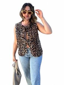 blingblingee Y2K Bow Lace-Up Leopard Print Women Sleevel Jacket Traf 2024 Summer V Neck Slim Vest Female Crop Top Cardigan a4Av#