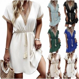 Eleganckie kobiety białe dres 2023 Summer solidny koronkowy z krótkim rękawem w pasie w szyku w pasie żeńska plaża midi dr s-xxxl Q8ry#