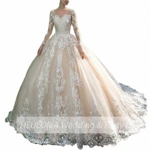 heuloria Princ Ball Gown Wedding Dr lg sleeve bride dr O neck plus size robe de mariee Lace beading Bridal Gown r5Oc#