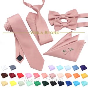 6 PCS Top Color Green Pink Blue Polyester Solid 6cm Tie Set Men Kids Wedding Bowtie Hankie Party Gift Cravat Shirt Accessory 240318