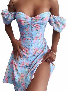 Strapl Donna Estate Dr Sexy scollo a V Stampa floreale Boho Beach Dr Split al largo della spalla A Line Mini Sundr Robe S ~ 3XL Y8xV #