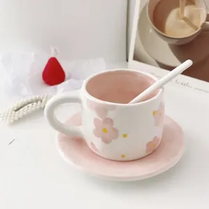 Cups Saucers Creative Kawaii Cherry Blossom Powder Ceramic Coffee Cup And Saucer Set Afternoon Tea Underglaze Color High-value Souvenir