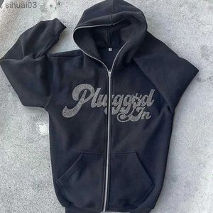 Mens Hoodies Sweatshirts Hip Hop Grunge Sweatshirt Korean Fashion Punk Sports Jacket Pullover Rhinestone Gothic Letter Långärmad Zippered Hoodie Y2K Mens Jacke