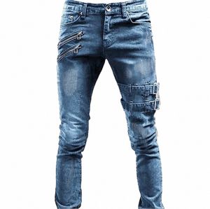 Zipper Decorati Slim Fit Biker Jeans Men Cott Stretchy rippade magra jeans högkvalitativa hiphop svart överdimensionerade denimbyxor z4ww#