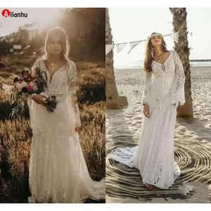 Vintage virkning spetsar bröllopsklänningar med långärmad v hals sjöjungfru hippie västra landet cowgirl bohemian brudklänningar gdf