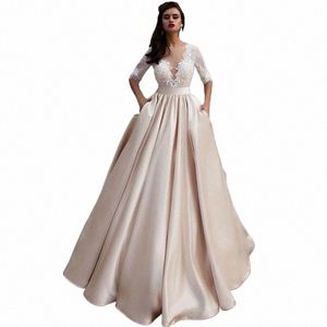 Elegancki satynowy ślubny DRES z kieszenią Vestidos Noiva koronkowe pół rękawy suknie ślubne 2021 Długość podłogi szampana panna młoda Dr n3fp#
