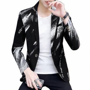 men Jacket Lg Sleeves Letter Print Dr-up Korean Style Men Suit Coat Gnt k8Wo#