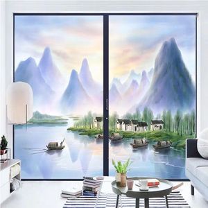 Window Stickers Landscape Painting Frosted Privacy Protection Film Shower Door Stained Glass No Glue Sticker