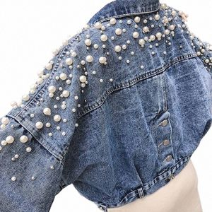 spring Coats And Jackets Women Korea Sweet Pearl Decor Denim Jacket Short Jacket Pearls Lg Sleeve Casual Pockets Loose Clothes n8iv#