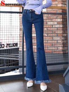 Kvinnors jeans mager split tassel flare kvinna koreanska smala hög midja denim byxor stor storlek 8xl casual streetwear vintage stretch vaqueros