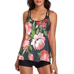 Kvinnors badkläder Summer Women Tankini Swimsuit Flower Printing O-Neck Tops Bottom Baddräkt Bather High midja Handla Mesh 2024