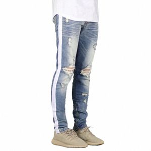 fi Men Jeans Stretch Skinny Ripped Jeans With Stripe Side Y5035 G8j3#