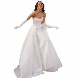 elegant A-Line Wedding Dres Women Strapl Pleat Off The Shoulder Open Back Butt Bridal Gown Sweep Train Vestidos De Noiva f1Ks#