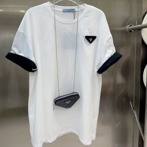 lyxtoppar kvinnor designer t shirt sommar överdimensionerad casual triangel etikett färg block ärmar lösa smala kort ärm thirt med väska