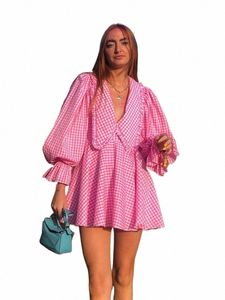 CLACIVE SEXY DEEP V-NECK PRINT Women's Dr Fi Doll Collar Lantern Sleeve Mini Dres Elegant Pink Pleated Female Dr C3HG#