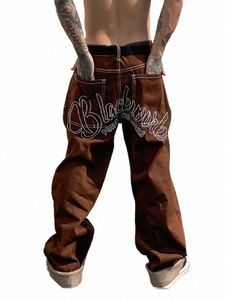 Senaste designstjärna broderier rakt löst pass pojkvän byxor pantale hombre y2k fi brown mid his baggy jeans för män b24t#