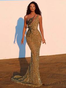 Casual Dresses Women Celebrity Sexy One Shoulder Mesh Sequins Gold Maxi Long BodyCon Dress 2024 Elegant Evening Party Club Prom