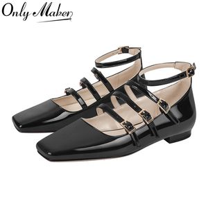 Onlymake Women Flats Square Toe Patent Leather Mary Jane Strap Retro Elegant Big Size Daily Flats Pumps 240314