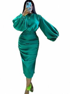 LG Sleeve Green Dres Bodyc Elastic Satin Midi Dr elegancki plus błyszczące wieczorne wieczorne przyjęcie kościoła stroje 40ve#