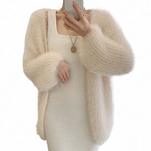 Luxo V-Neck Mink Cmere Knit Cardigan Mohair Crochetes Sweater Coat Casual Lantern Sleeve Tops Jersey Mujer Sueters De Mujer S3dA #