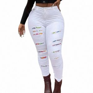 women's Plus Size Street Style Jeans, Colorblock Ripped Butt High Stretch Skinny Jeans P9J2#