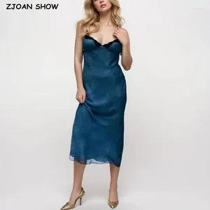 Casual Dresses 2024 Sexy Blue Spliced Lace V Neck Corset Sling Dress Summer Woman Adjust Spaghetti Strap Midi Long Robe Beach Holiday