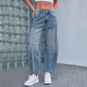 Kvinnors jeans jeanjacka monterade kvinnor mitt stigande fat för brett ben midja beskurna denim byxor baggy ropa mujer