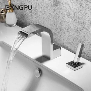 Bathroom Sink Faucets BANGPU Basin Faucet Chrome Waterfall Wall Mounted Single Handle 2 Hole Mixer Tap Solid Brass