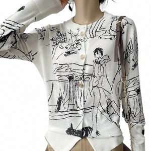 spring And Autumn New Wool Knitted Cardigan Female Graffiti Print Loose Pullover Lg Sleeve Round Neck Thin Sweater Coat XZ TY G28I#