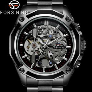 ForSining Automatic Mechanical Men Wristwatch Military Sport Man Clock Top Brand Luxury Black Steel Skeleton New Man Watch 8130 Y195a