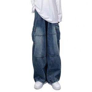 Мужские широкие брюки с карманами, прямые широкие мешковатые джинсы, мужские уличные джинсовые брюки-джоггеры, винтажные джинсы в стиле хип-хоп Y2K, l5us #