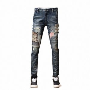 Street Fi Erkek Kot Retro Çar Mavi Streç Sıska Uygun Yırtık Kot Patch Tasarımcı Hip Hop Denim Pencil Pants Hombre N8EU#