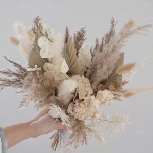 Dekorativa blommor Cream Wedding Bouquet Pampas Torkad blomma brud Boho brudar brudtärna blommor festdekor arrangemang