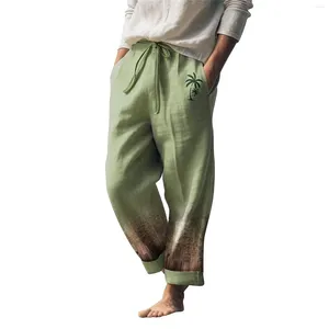 Men's Pants Straight Summer Beach Seaside Casual Loose And Comfortable Trousers Cotton Linen Printed Drawstring