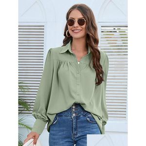 Women'S Blouses & Shirts Womens Chiffon Women Elegant Pleated Long Sleeve Female Simple Spring Autumn Clothes Chic Stylish Leisure Bl Dh3Ux